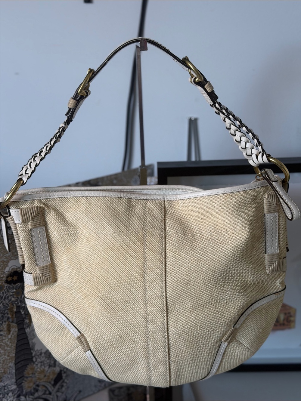 Coach Straw & White Leather Shoulder Bag Woven Tote Summer Purse